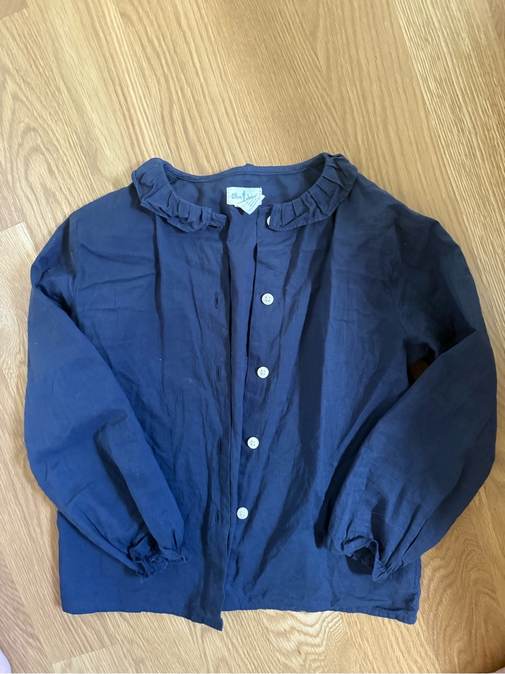 Olive Juice Beand Navy Ruffle Collar Button-Front Blouse